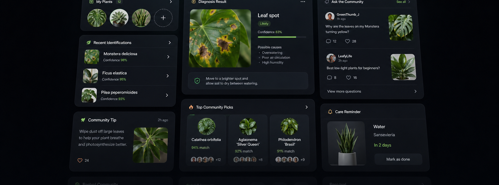 Dark mode mockup showing Plantypia diagnosis results and plant collection
