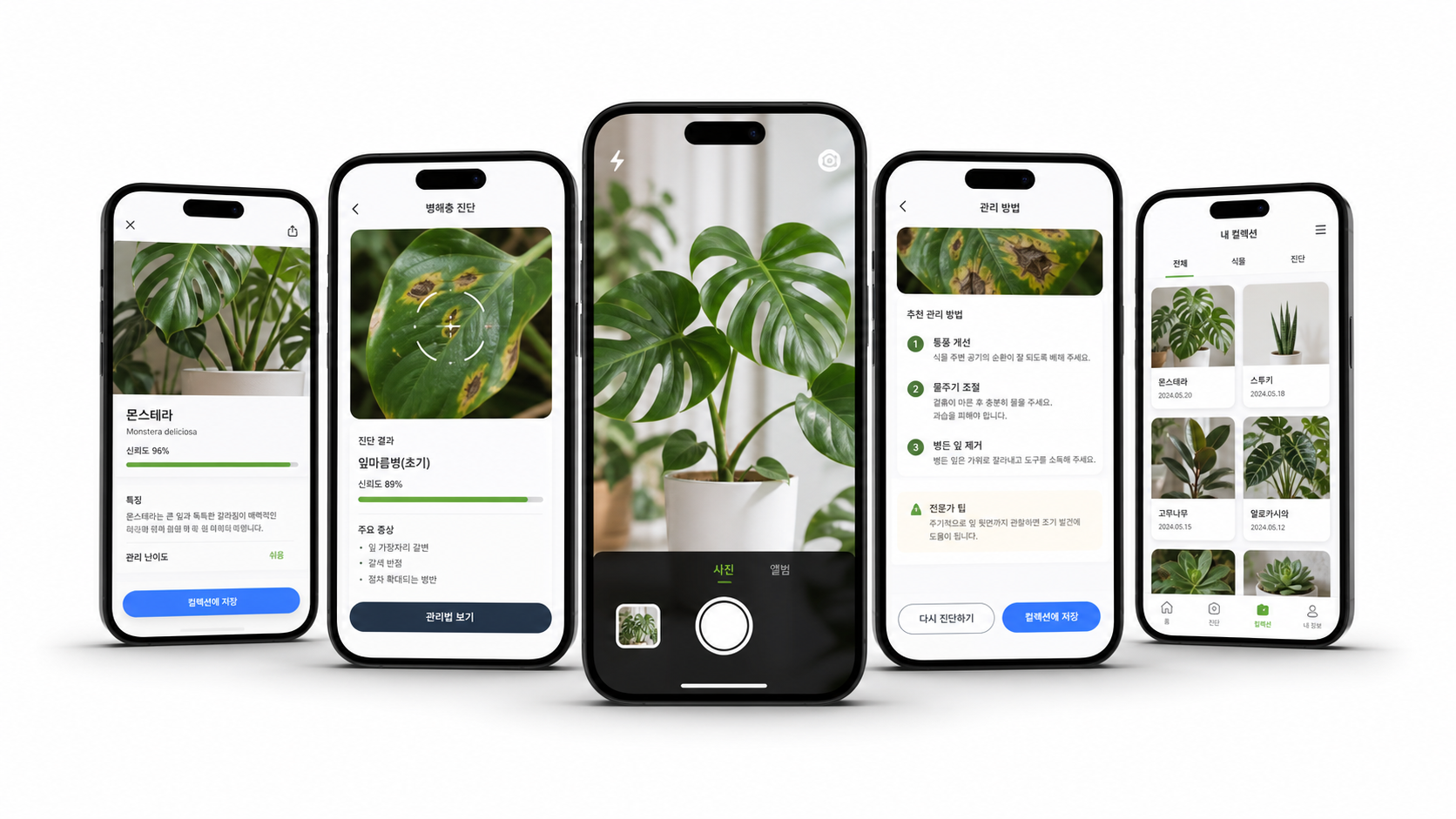 Phone mockups showing Plantypia plant identification, disease diagnosis, and collection screens