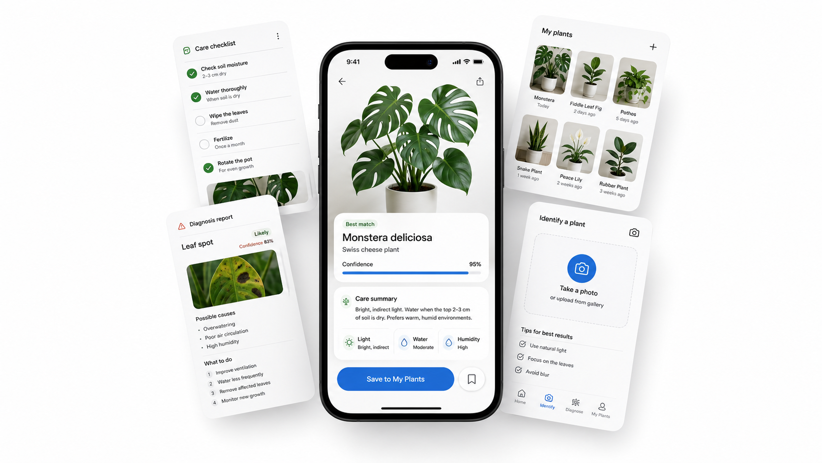 Floating phone mockup showing Plantypia plant care sections